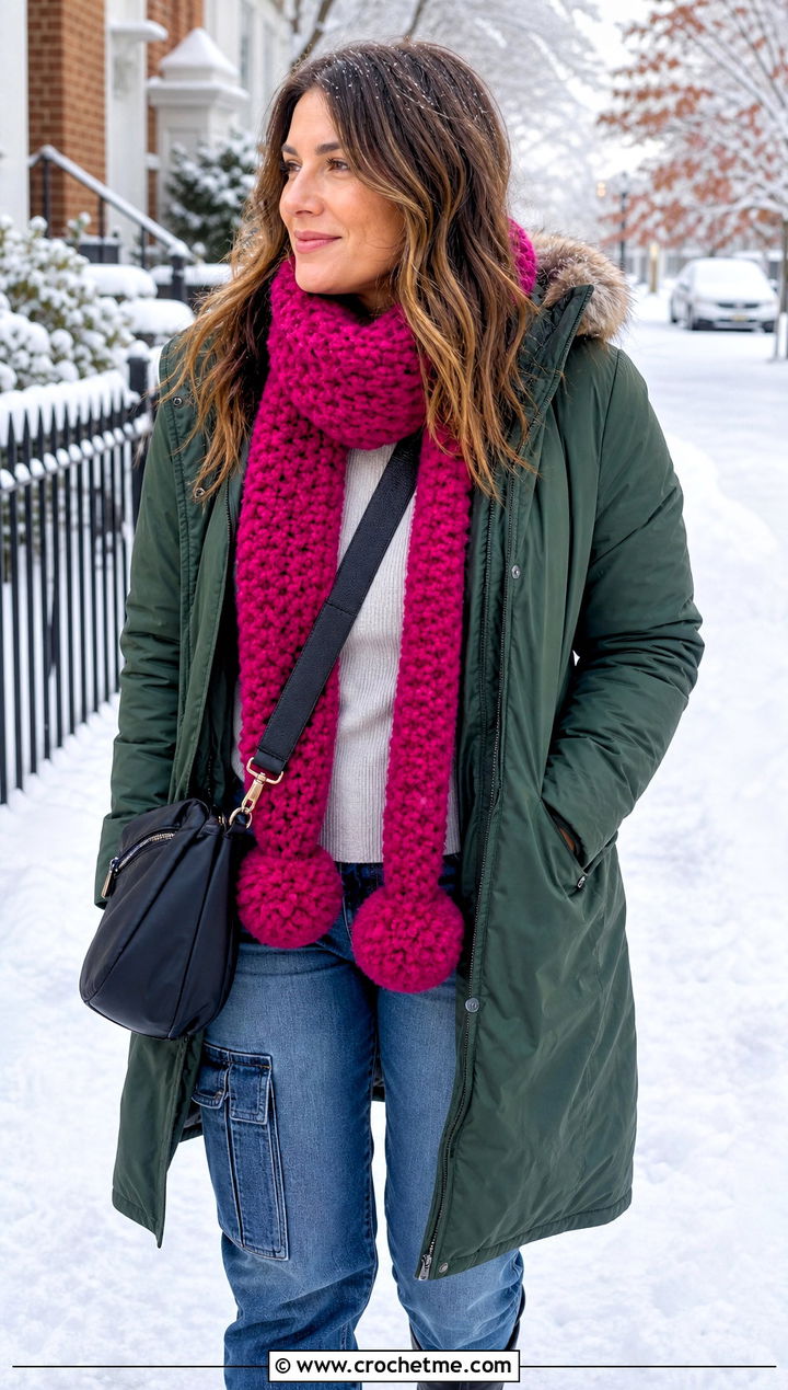 Fuzzy Pom Pom Crochet Scarf With Parka - 25 Fuzzy Crochet Scarf outfit ideas