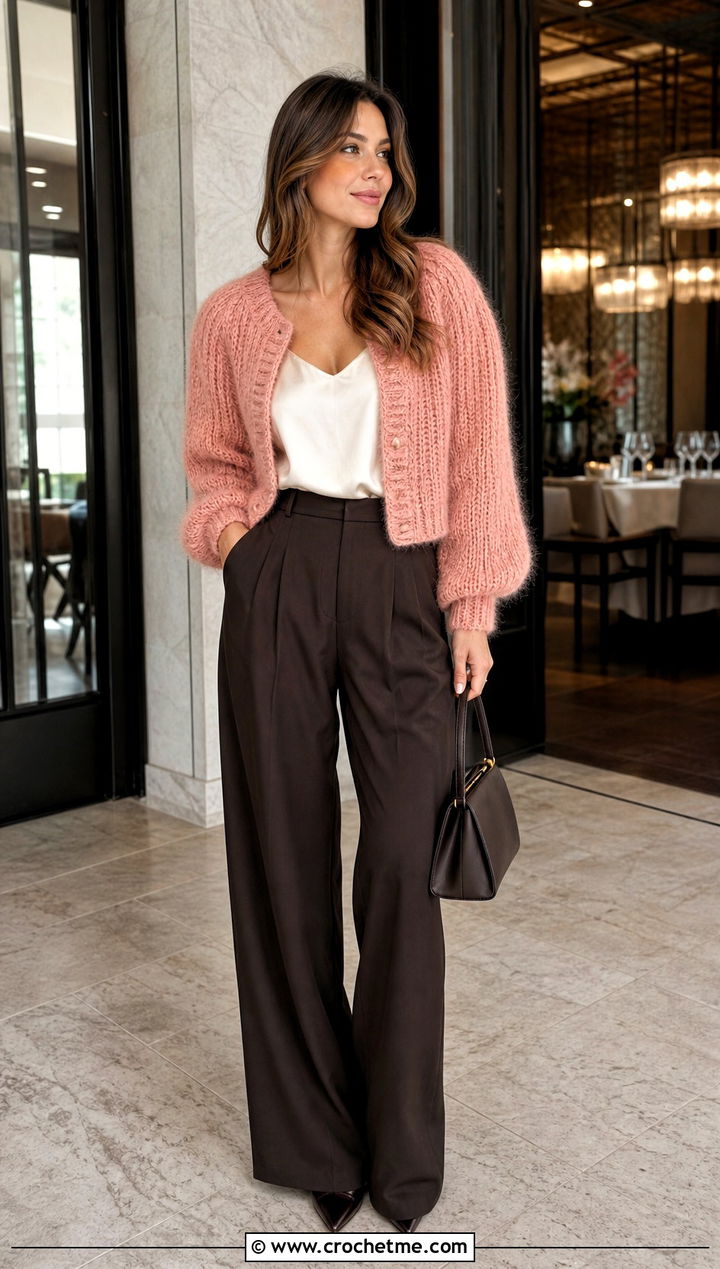 Fuzzy Puff Sleeve Crochet Cardigan With Silk Camisole And Trousers - 25 Puff Sleeve Crochet Cardigan outfit ideas