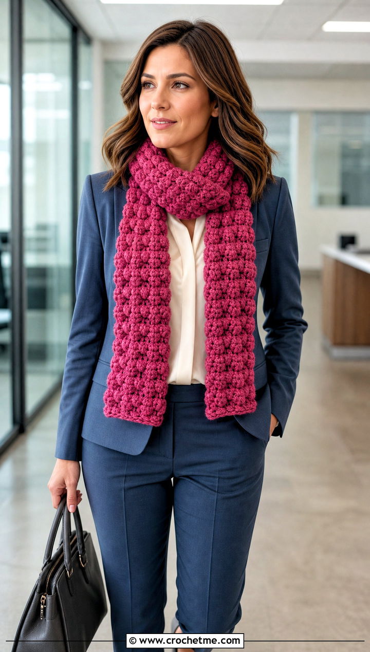 Fuzzy Puff Stitch Crochet Scarf With Office Suit - 25 Fuzzy Crochet Scarf outfit ideas