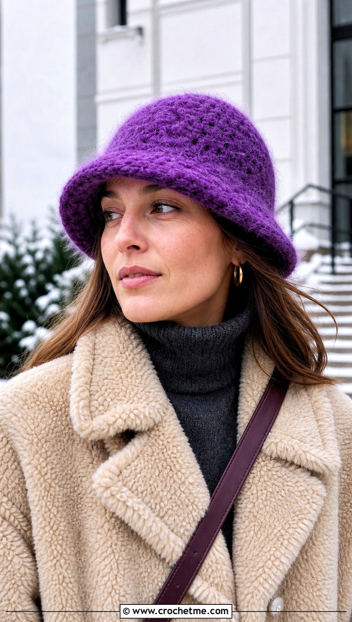 Fuzzy Purple Crochet Bucket Hat With Shearling Jacket - 30 purple crochet bucket hat outfit ideas