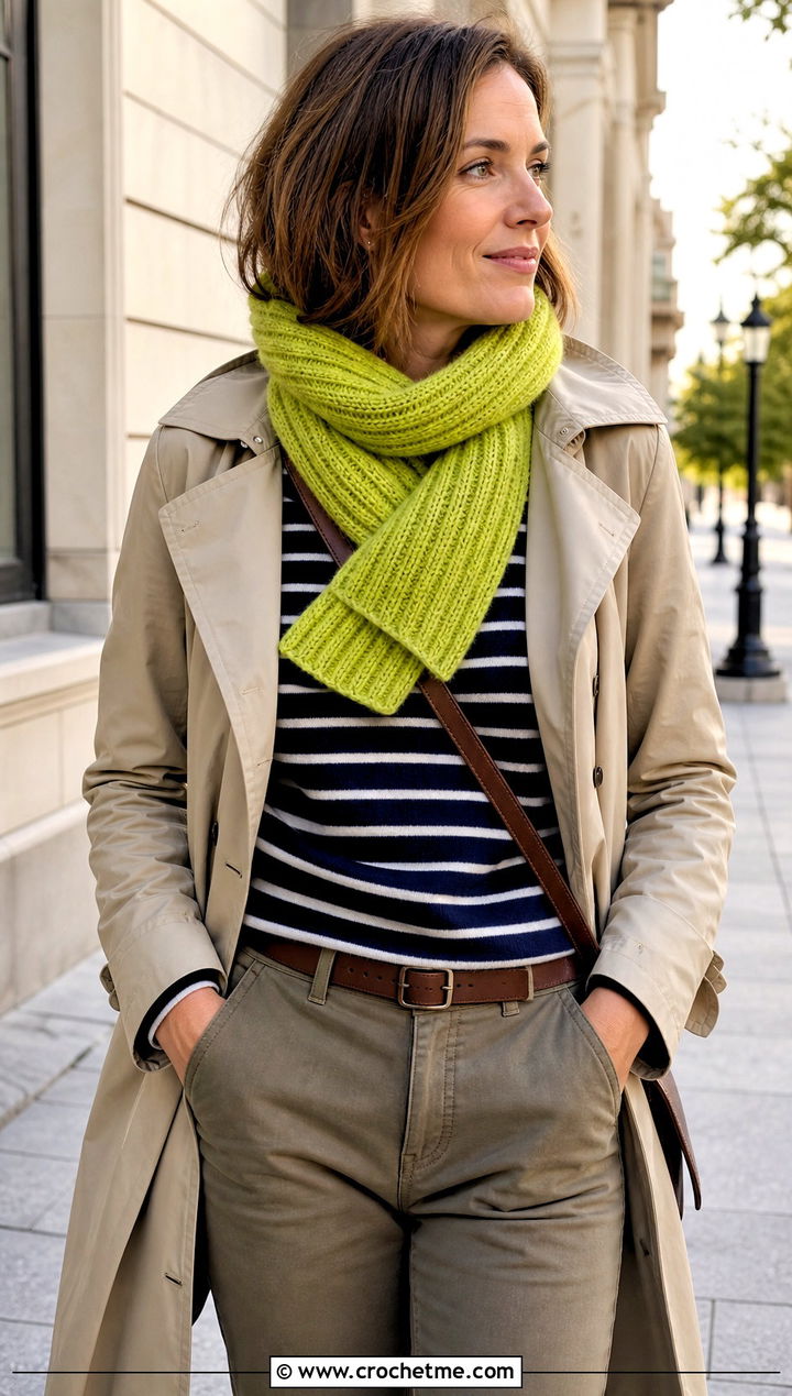 Fuzzy Ribbed Crochet Scarf With Trench Coat - 25 Fuzzy Crochet Scarf outfit ideas