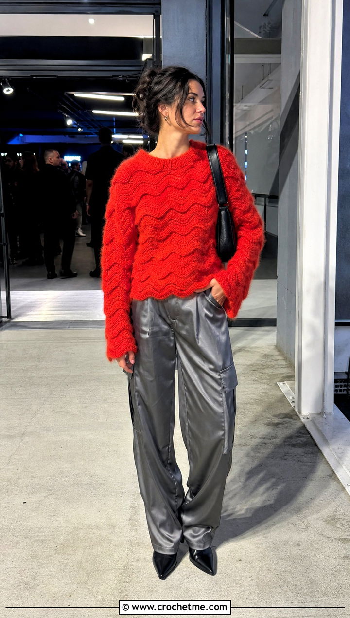 Fuzzy Ripple Sweater With Satin Cargo Pants - 30 crochet ripple sweater outfit ideas