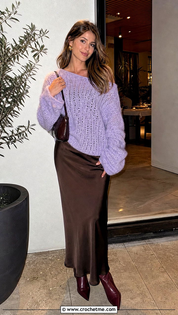 Fuzzy Slouchy Crochet Sweater With Bias Cut Maxi Skirt - 25 slouchy crochet sweater outfit ideas