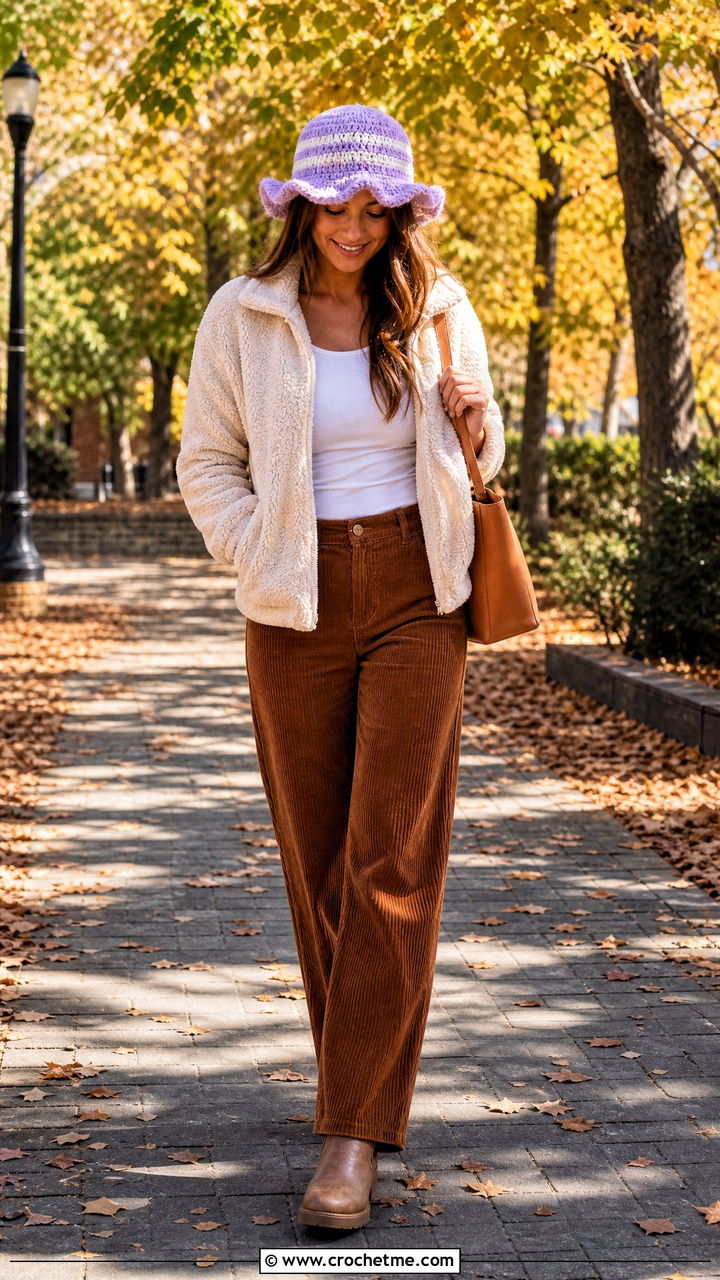 Fuzzy Stripe Ruffle Hat With Sherpa Jacket And Corduroy Pants - 35 crochet ruffle hat outfit ideas