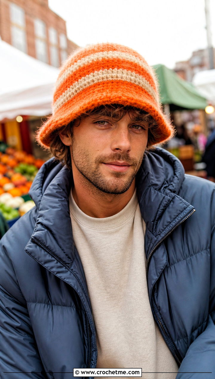 Fuzzy Striped Crochet Bucket Hat With Puffer Jacket And Corduroy Pants - 15 men's crochet bucket hat outfit ideas