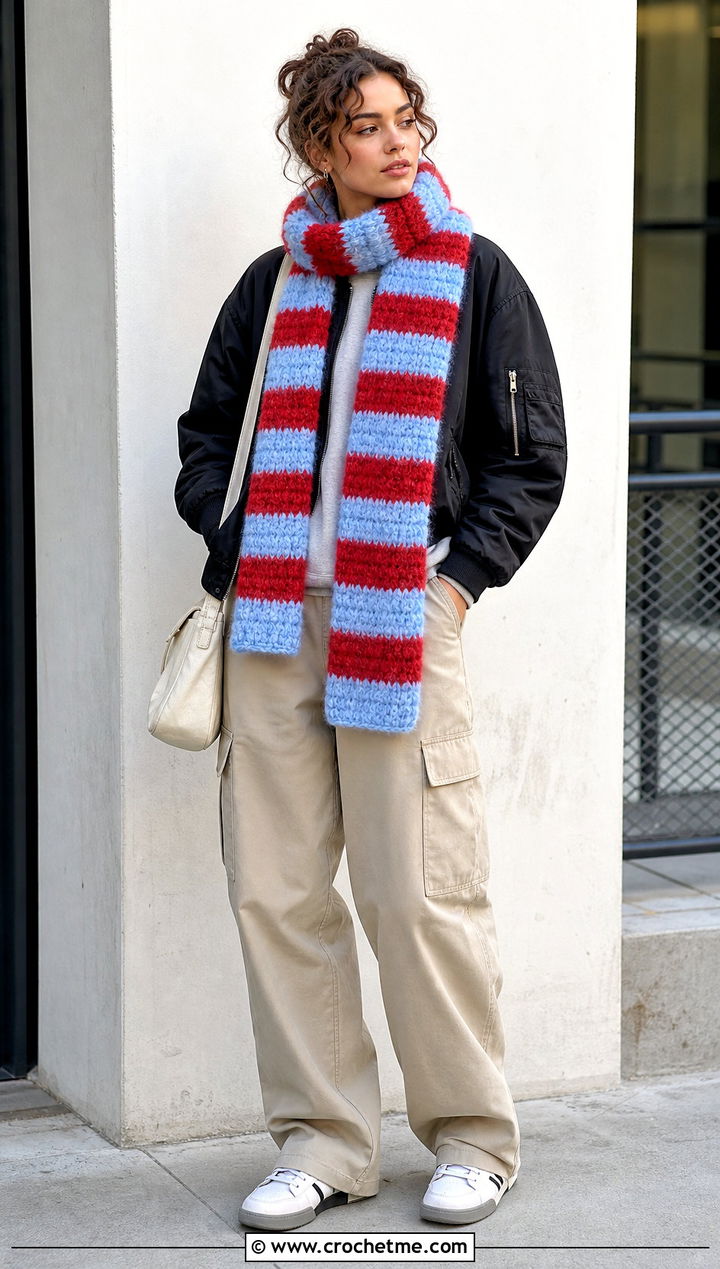 Fuzzy Striped Crochet Scarf With Cargo Pants - 25 Fuzzy Crochet Scarf outfit ideas
