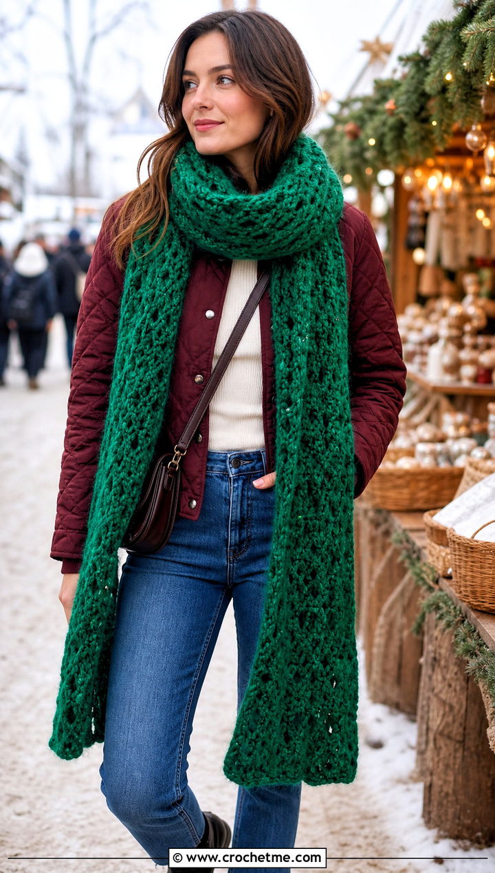 Fuzzy Super Crochet Scarf With Quilted Jacket - 25 Fuzzy Crochet Scarf outfit ideas