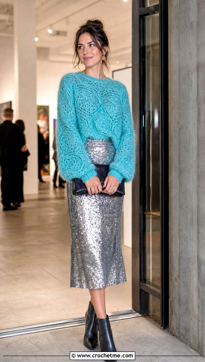 Fuzzy Swirl Crochet Sweater With Sequin Midi Skirt - 25 swirl crochet sweater outfit ideas