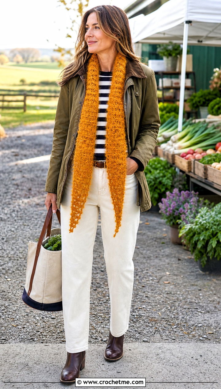 Fuzzy Tapered Crochet Scarf With Barn Jacket - 25 Fuzzy Crochet Scarf outfit ideas