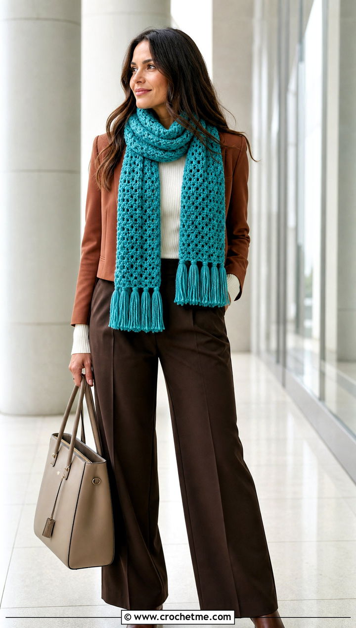 Fuzzy Tassel Crochet Scarf With Wide Leg Trousers - 25 Fuzzy Crochet Scarf outfit ideas