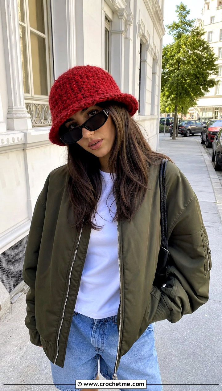 Fuzzy Yarn Crochet Bucket Hat With Bomber Jacket And Jorts - 15 hailey bieber crochet bucket hat outfit ideas