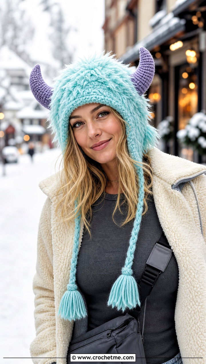 Fuzzy Yeti Horn Hat With Sherpa Jacket - 30 crochet hat with horns outfit ideas