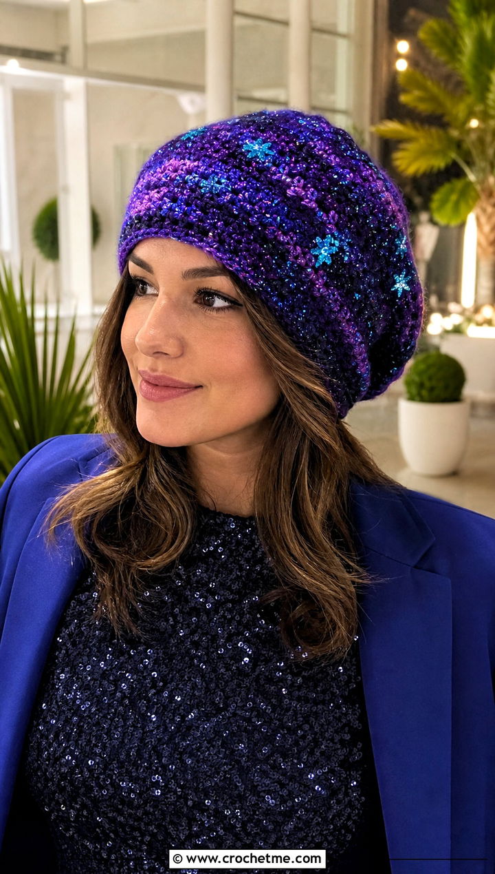 Galaxy Crochet Slouch Beanie With Sequin Top - 30 crochet star wars hat outfit ideas