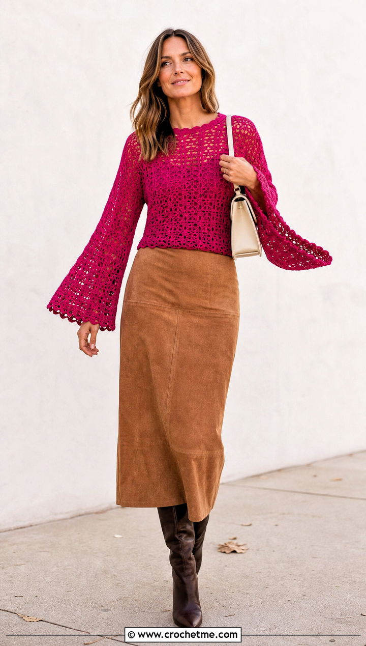 Ganni Bell Sleeve Crochet Top With Suede Skirt - 35 Ganni Crochet Top outfit ideas