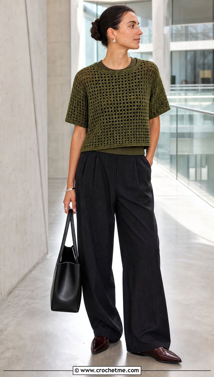 Ganni Boxy Crochet Top With Pinstripe Trousers - 35 Ganni Crochet Top outfit ideas