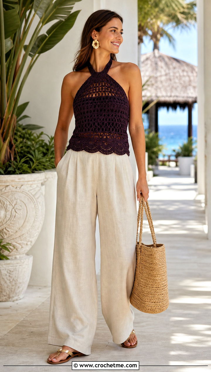 Ganni Crochet Halter Top With Linen Pants - 35 Ganni Crochet Top outfit ideas