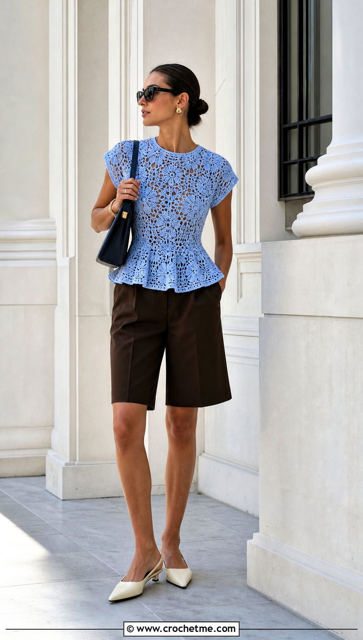 Ganni Crochet Peplum Top With Tailored Bermuda Shorts - 35 Ganni Crochet Top outfit ideas