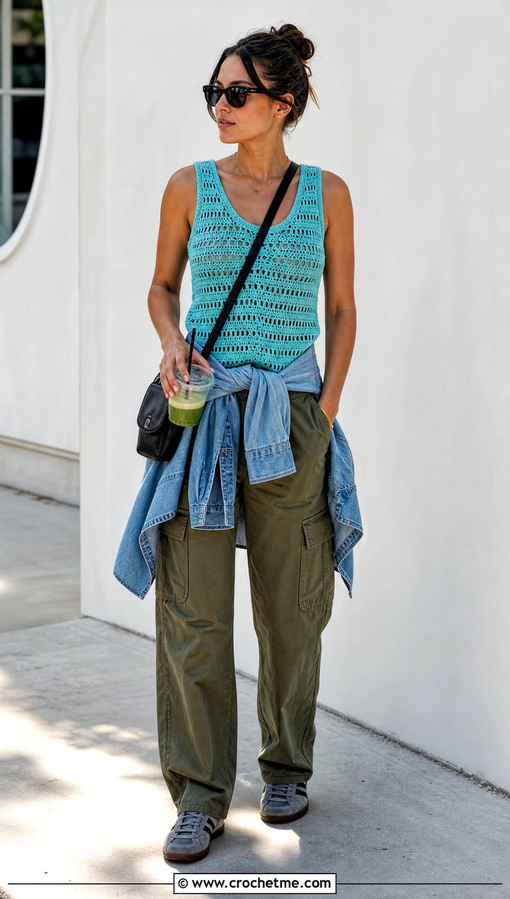 Ganni Crochet Tank Top With Cargo Pants - 35 Ganni Crochet Top outfit ideas