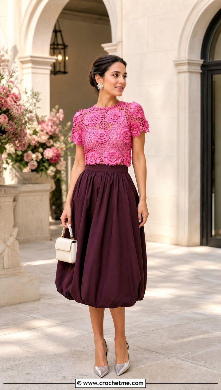 Ganni Floral Crochet Top With Bubble Skirt - 35 Ganni Crochet Top outfit ideas