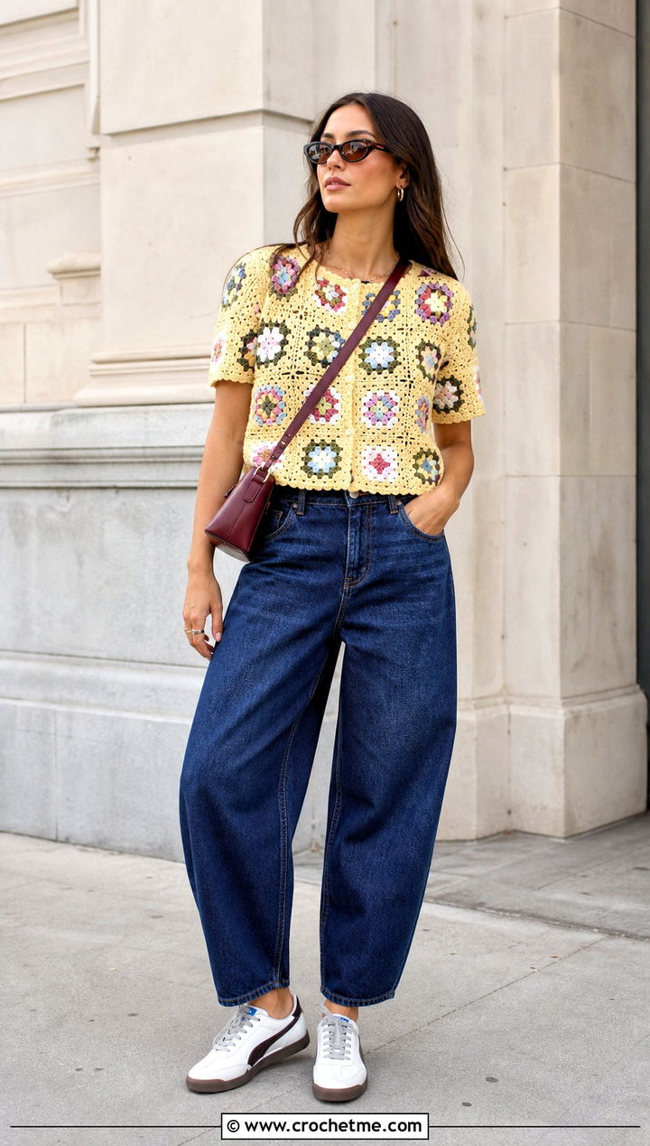 Ganni Granny Square Crochet Top With Barrel Jeans - 35 Ganni Crochet Top outfit ideas
