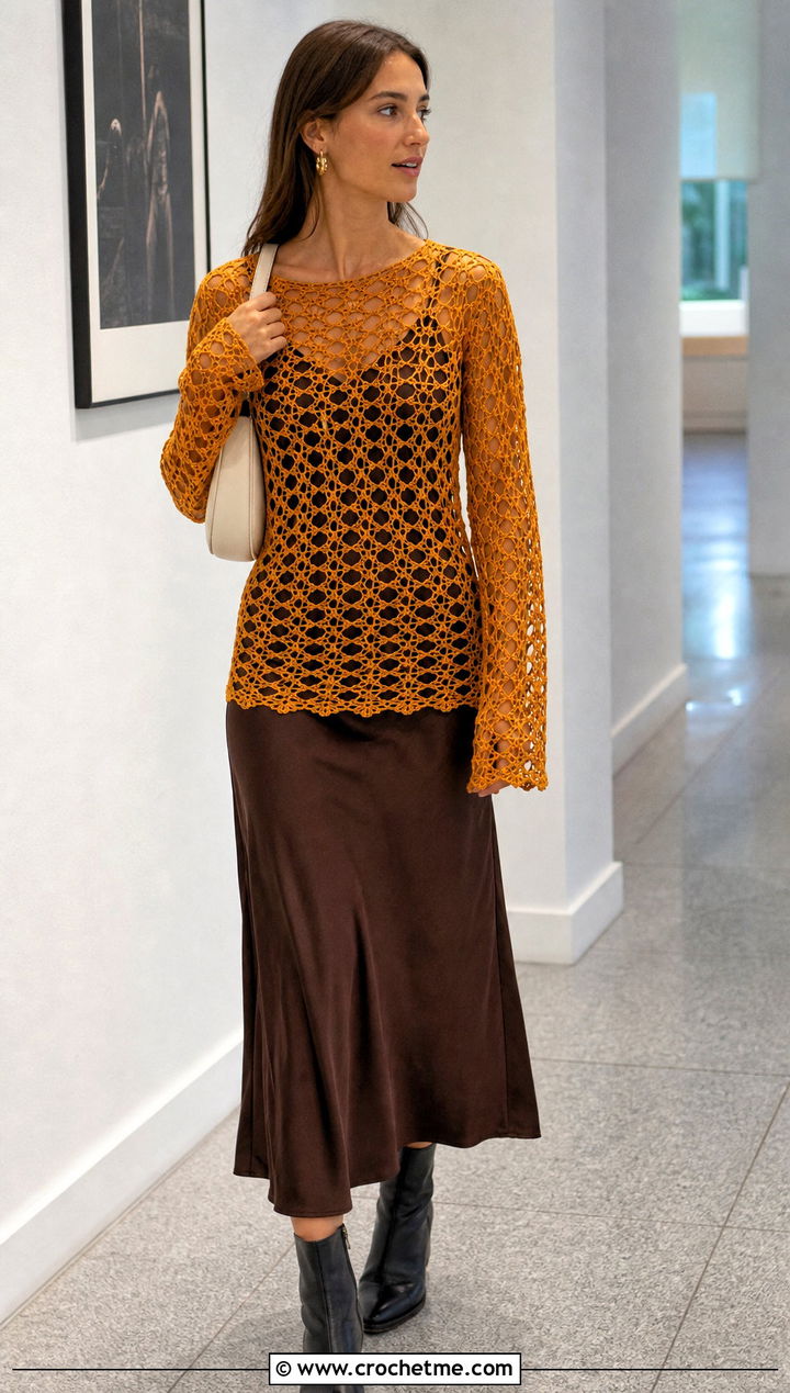 Ganni Long Sleeve Crochet Top Over A Slip Dress - 35 Ganni Crochet Top outfit ideas