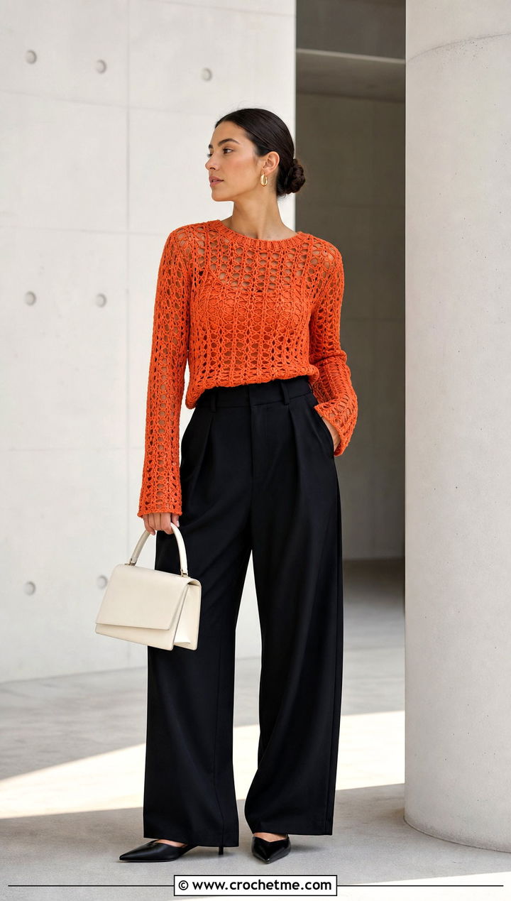 Ganni Long Sleeve Crochet Top With Black Trousers - 35 Ganni Crochet Top outfit ideas