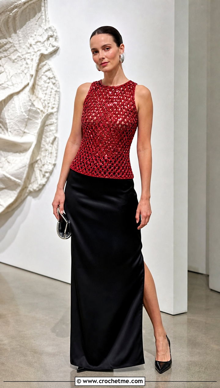 Ganni Metallic Crochet Top With Black Maxi Skirt - 35 Ganni Crochet Top outfit ideas