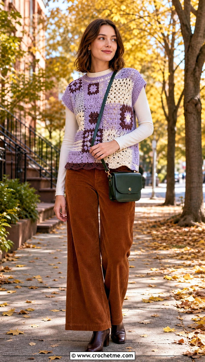 Ganni Patchwork Crochet Top With Corduroy Pants - 35 Ganni Crochet Top outfit ideas