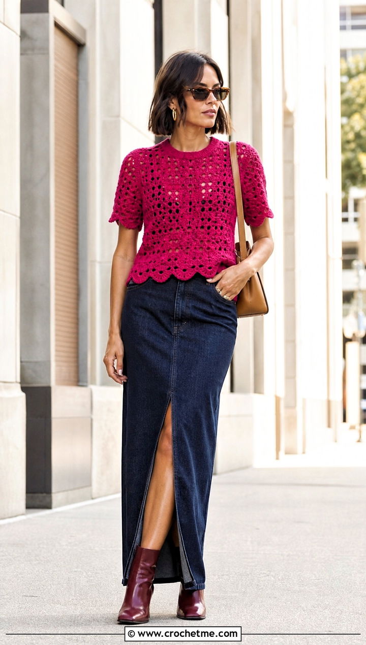 Ganni Scalloped Crochet Top With Denim Maxi Skirt - 35 Ganni Crochet Top outfit ideas