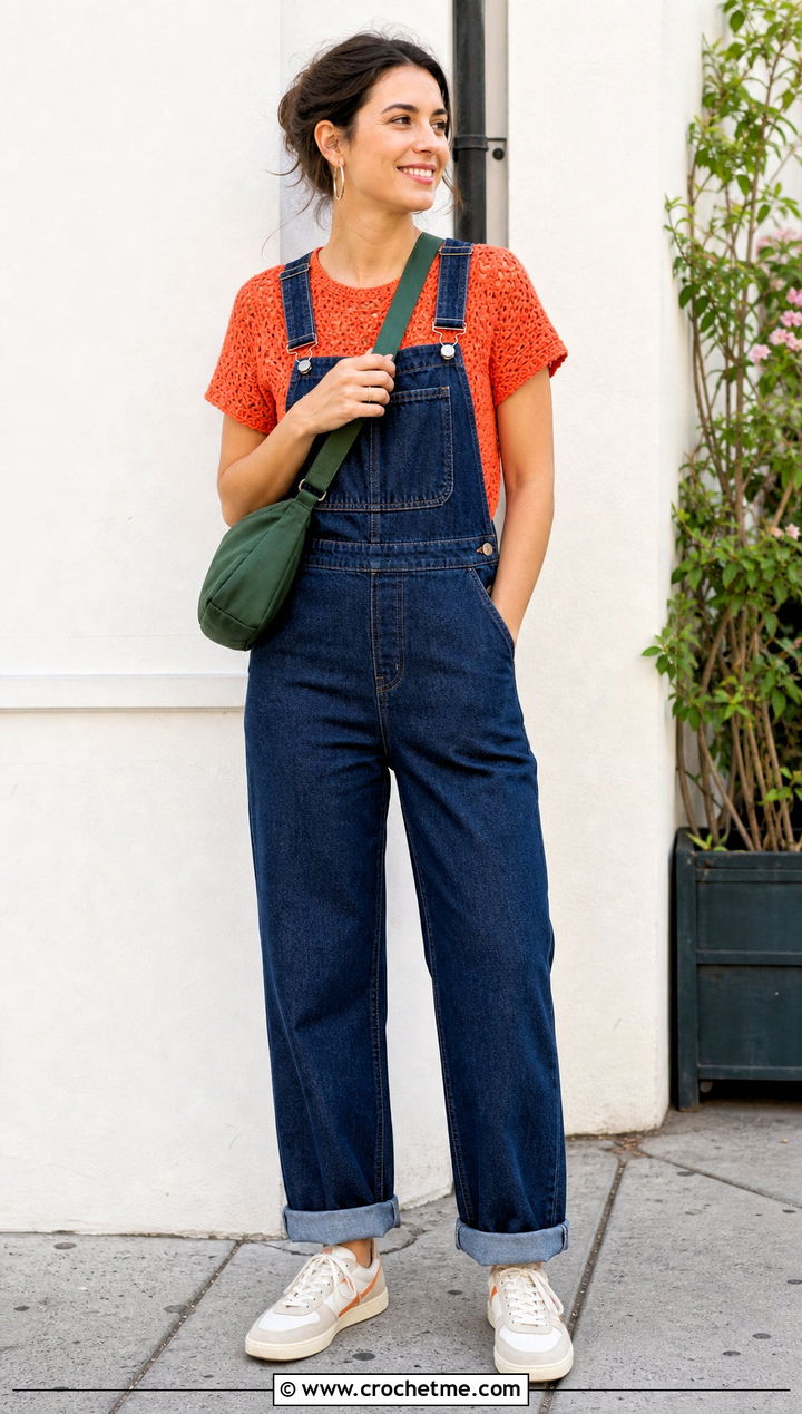 Ganni Short Sleeve Crochet Top With Overalls - 35 Ganni Crochet Top outfit ideas
