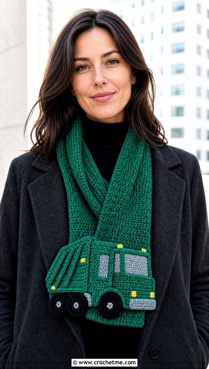 Garbage Truck Crochet Scarf With Minimalist Basics - 20 Crochet Truck Scarf outfit ideas