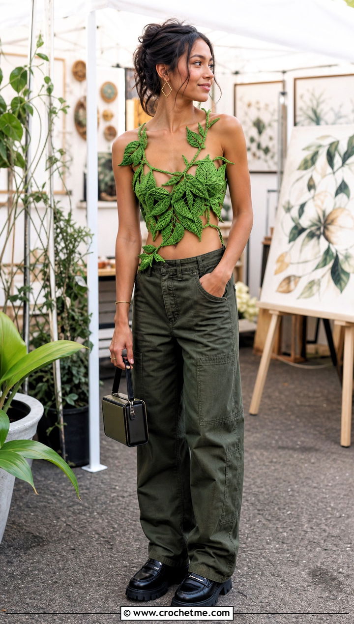 Garden Fairy Leaf Crop Top With Utility Pants - 15 crochet top with leaf outfit ideas