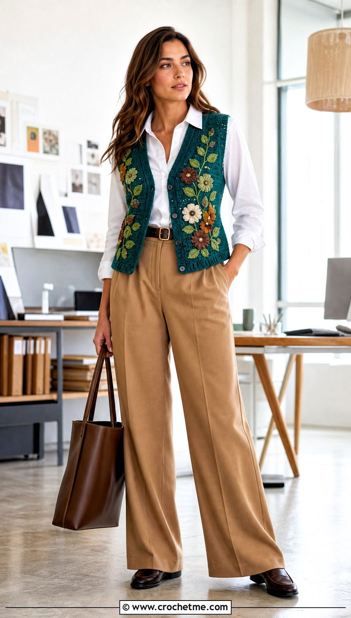 Garden Motif Crochet Vest With Tailored Trousers - 25 Fairy Core Crochet Outfits ideas
