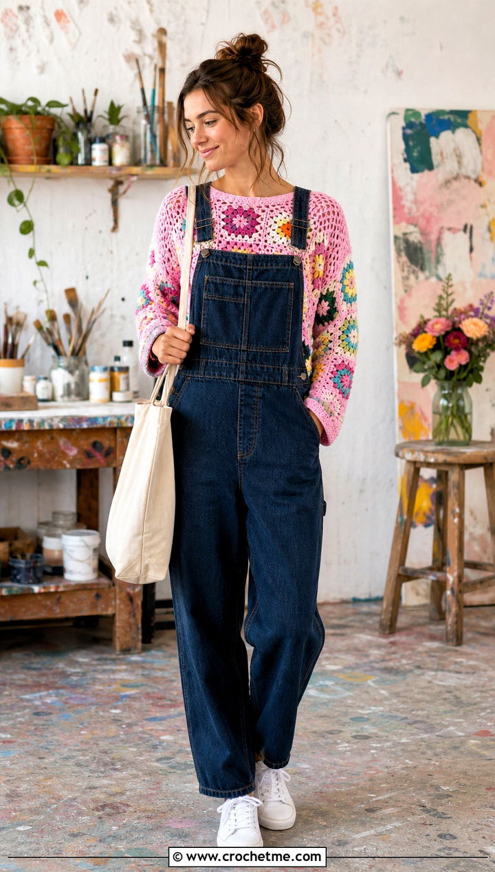 Garden Patchwork Sweater With Denim Overalls - 30 flower crochet sweater outfit ideas