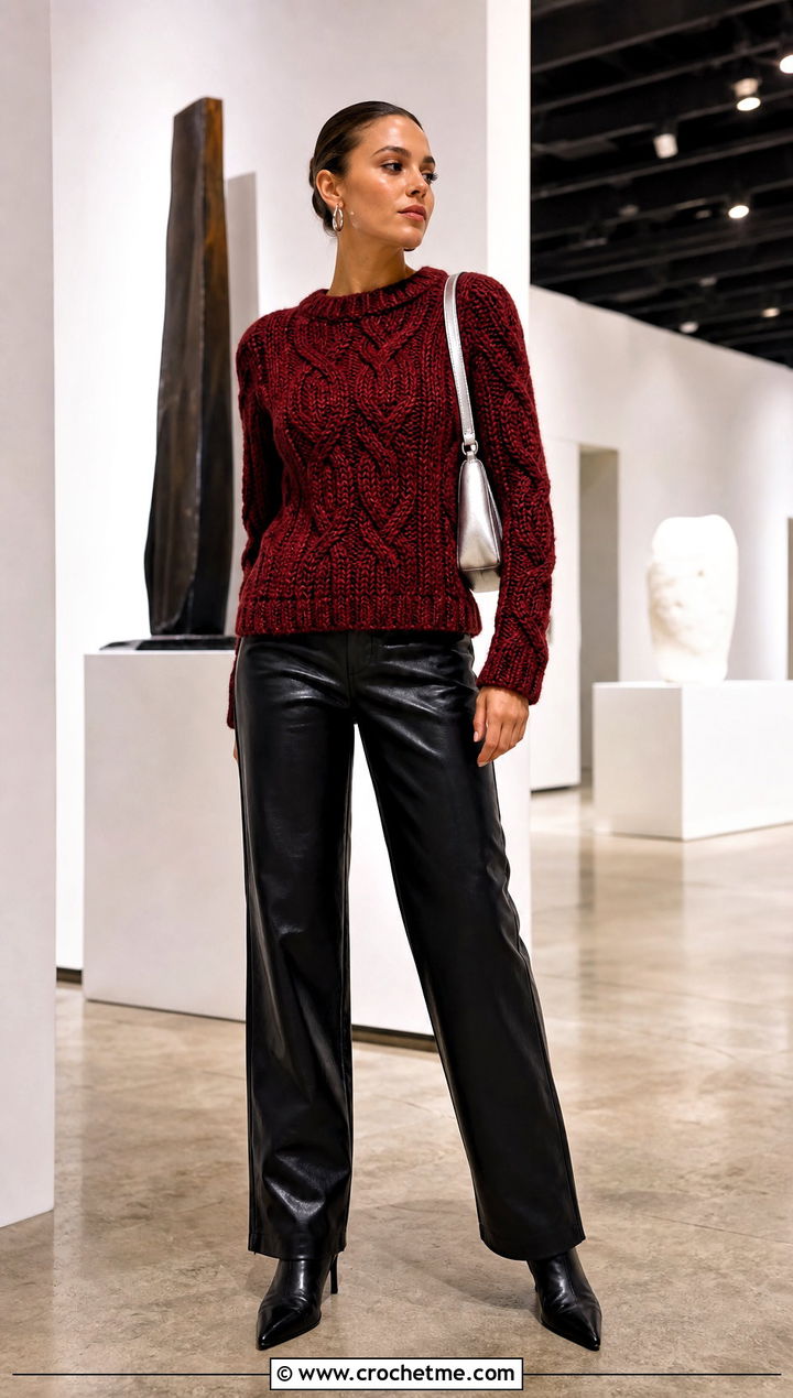 Garnet Cable Look Crochet Sweater With Leather Pants - 15 Red Crocheted Sweater Close-Up outfit ideas