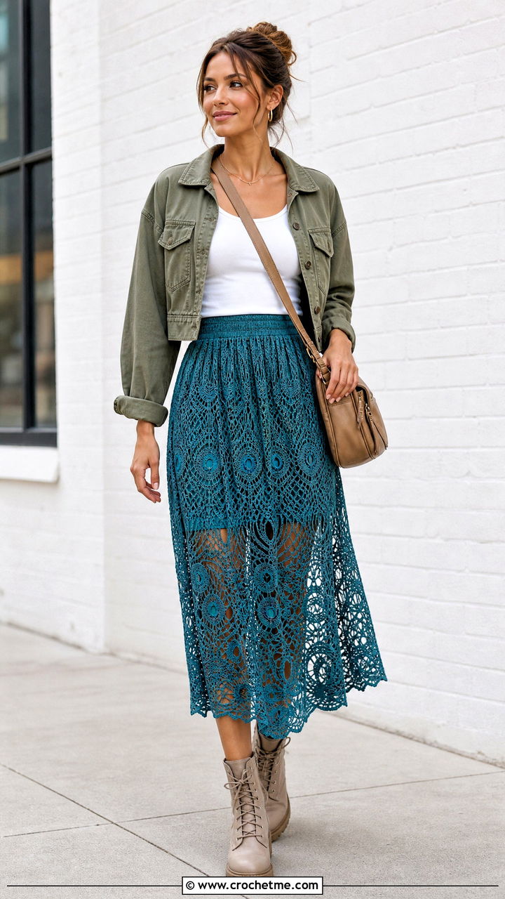 Gathered Crochet Mesh Skirt With Utility Jacket - 35 crochet mesh skirt outfit ideas