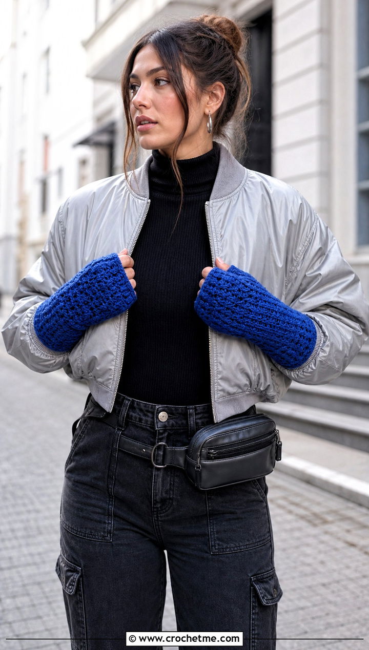 Gauntlet Crochet Mittens With Bomber Jacket - 25 women crochet mittens outfit ideas