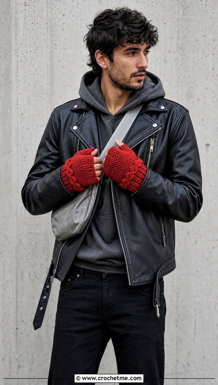Gauntlet Crochet Mittens With Motorcycle Jacket - 25 crochet mittens for men outfit ideas