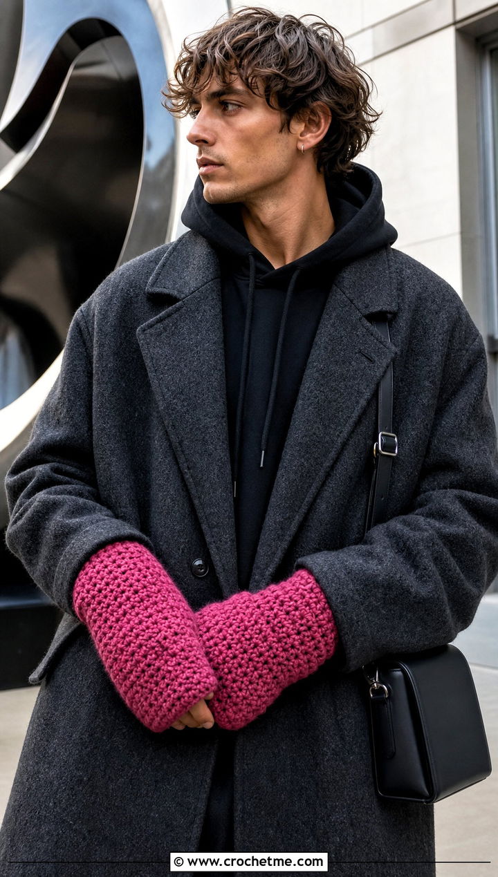 Gauntlet Crochet Mittens With Oversized Overcoat - 25 Mens Crochet Mittens outfit ideas