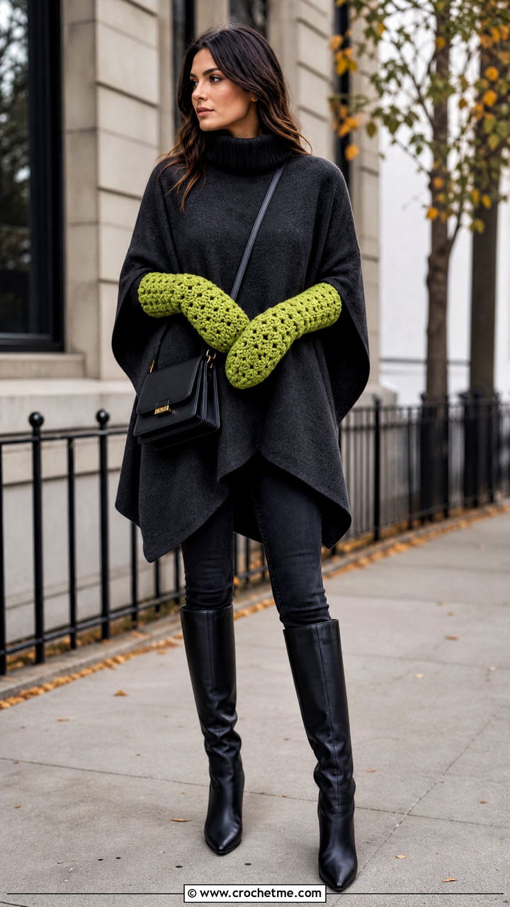 Gauntlet Crochet Mittens With Poncho - 35 crochet mittens outfit ideas