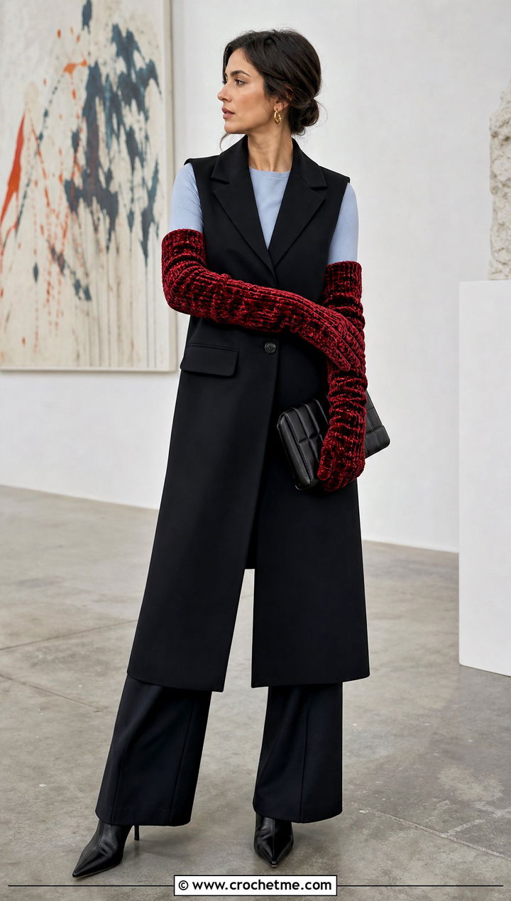 Gauntlet Velvet Crochet Mittens With Sleeveless Coat - 20 velvet crochet mittens outfit ideas