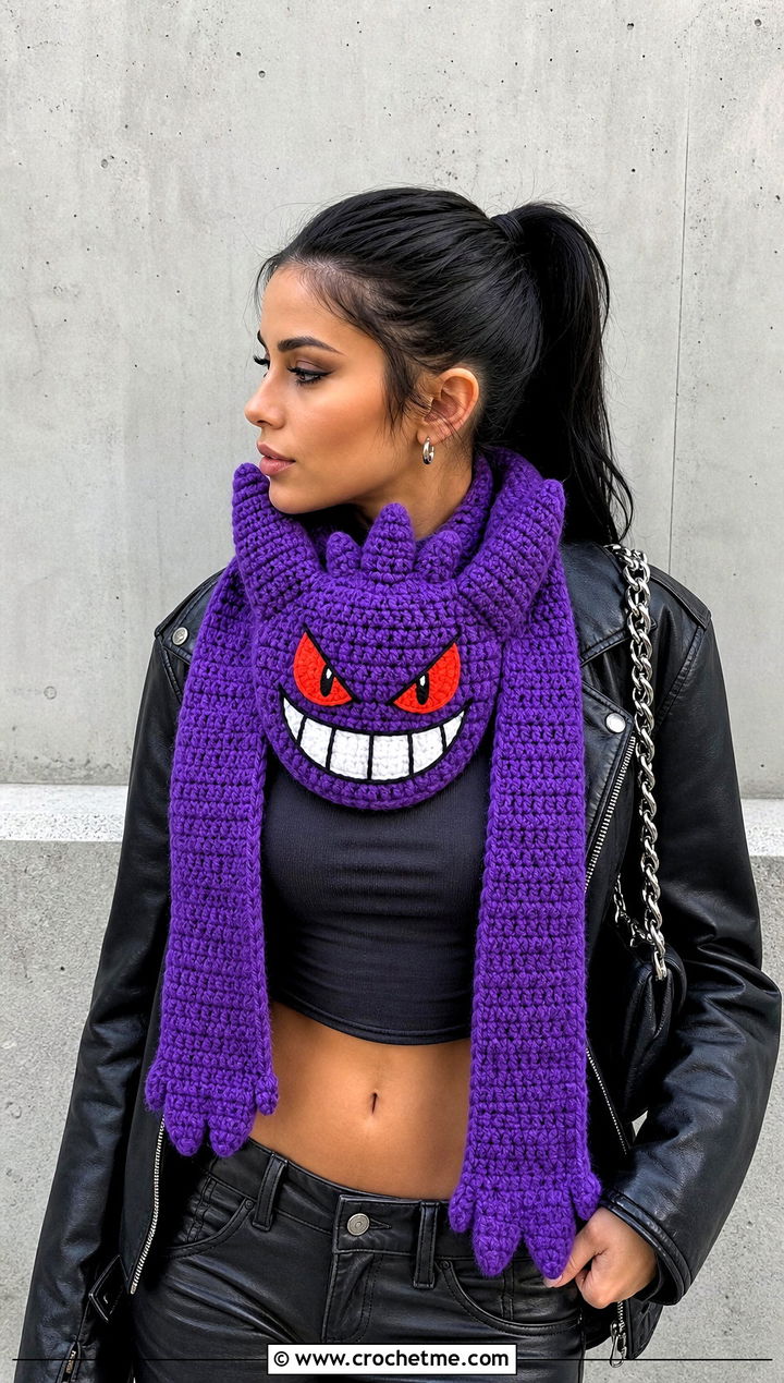 Gengar Character Scarf With Leather Jacket - 25 Crochet Pokemon Scarf outfit ideas