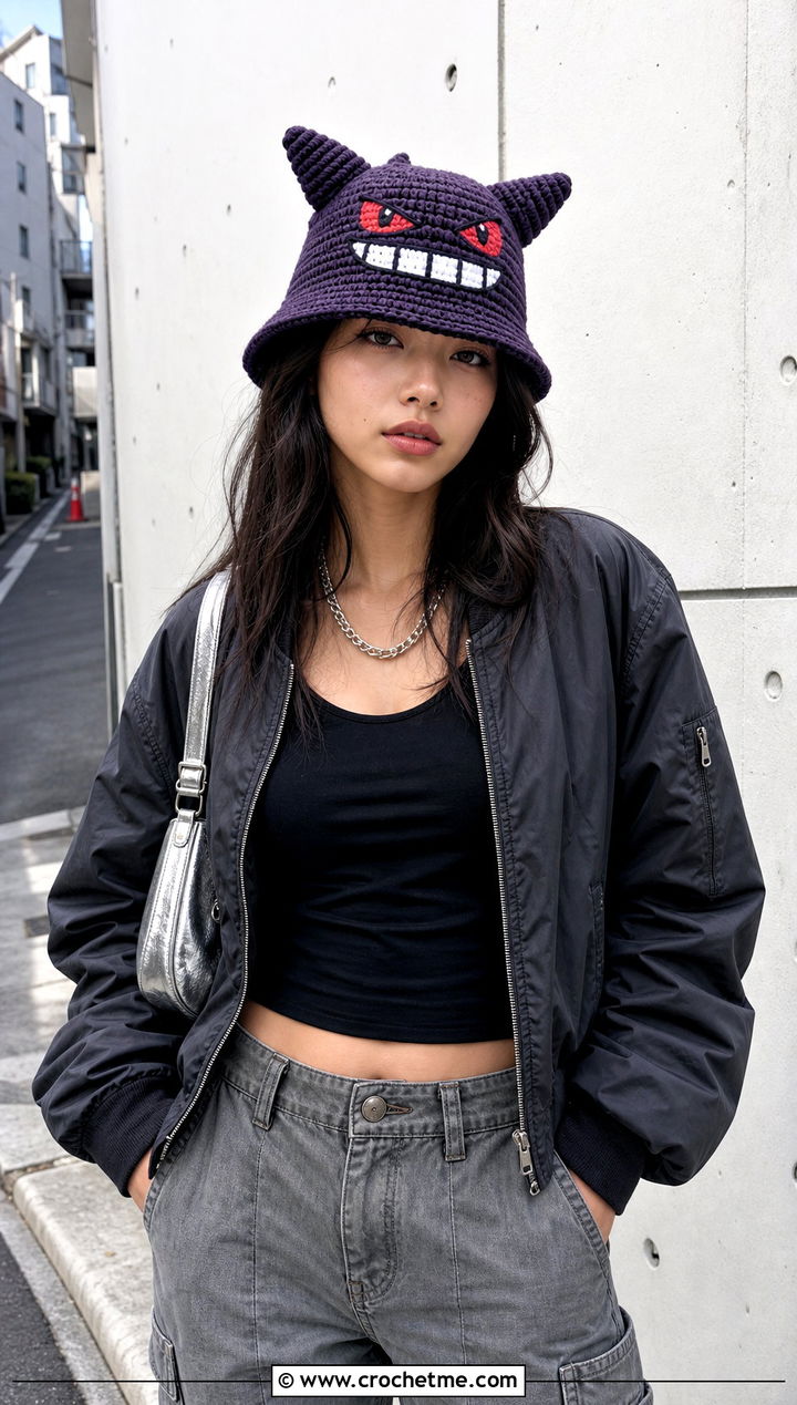 Gengar Face Crochet Pokemon Bucket Hat With Cargo Pants - 15 Crochet Pokemon Bucket Hat outfit ideas