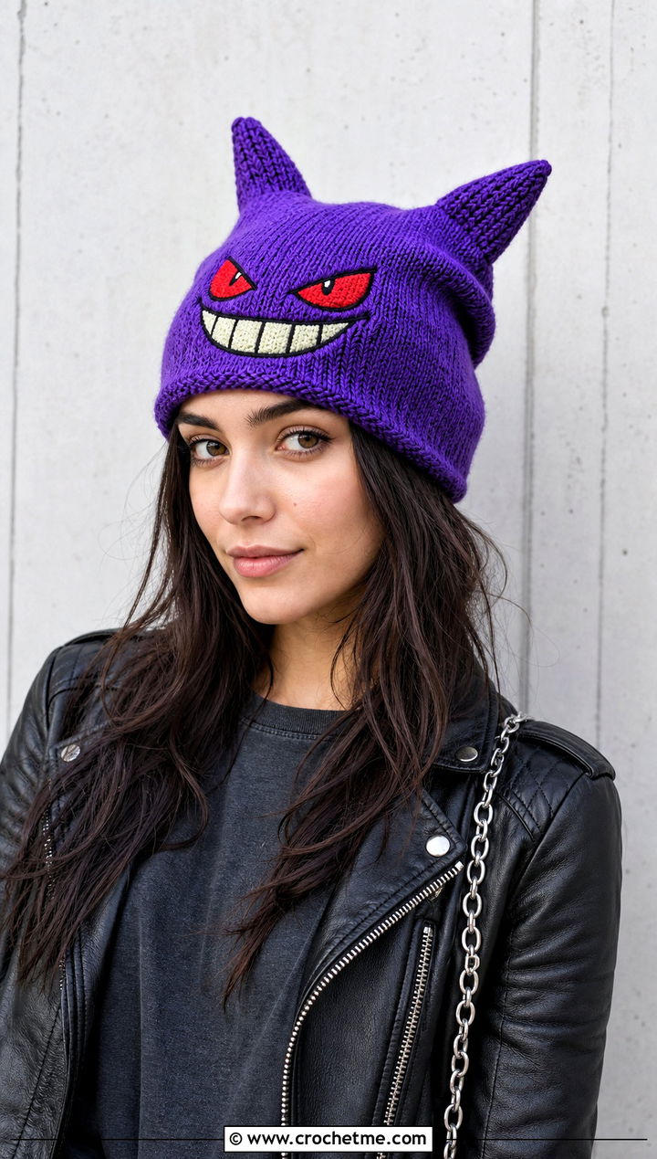 Gengar Slouchy Beanie With Leather Jacket - 30 crochet pokemon beanie outfit ideas