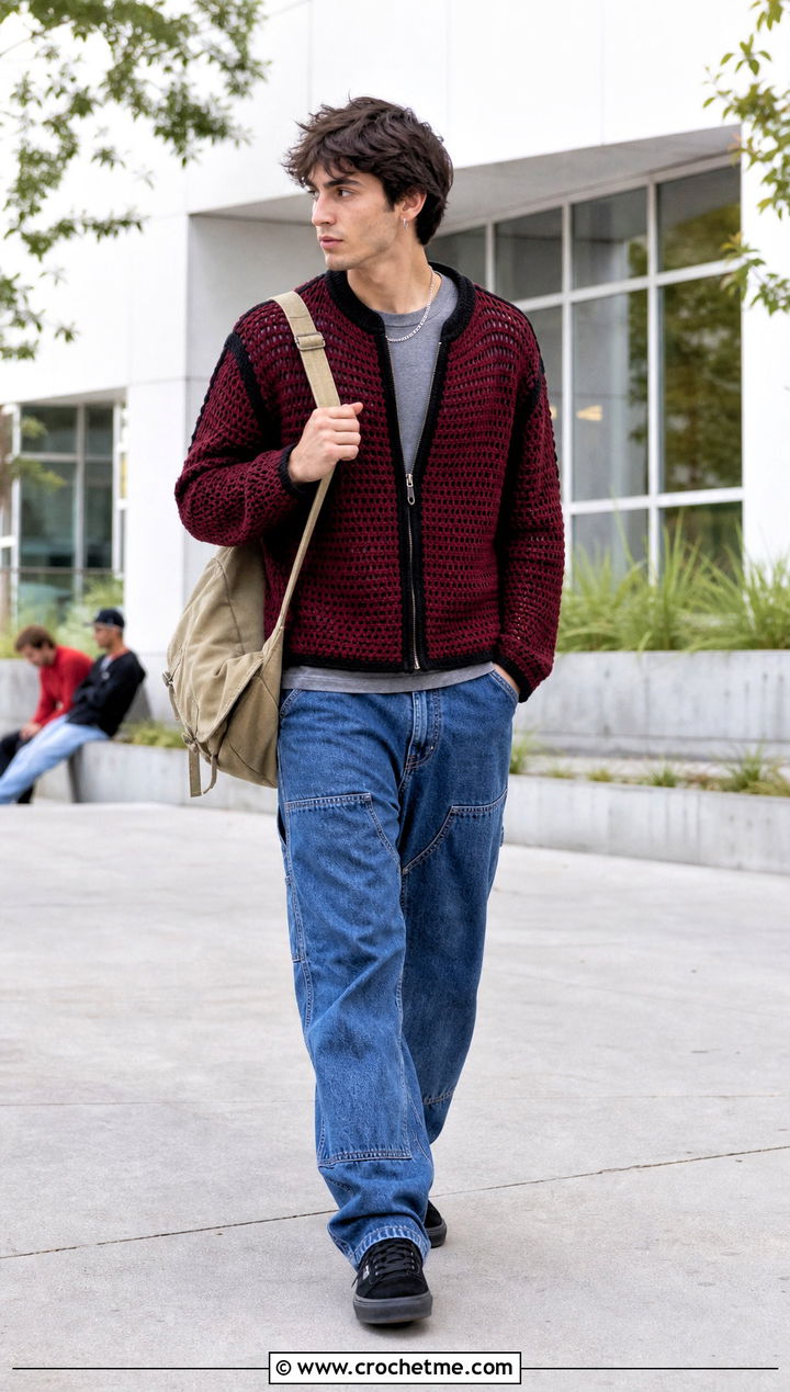 Genya Zip Front Crochet Cardigan With Carpenter Jeans - 35 Demon Slayer Crochet Cardigan outfit ideas
