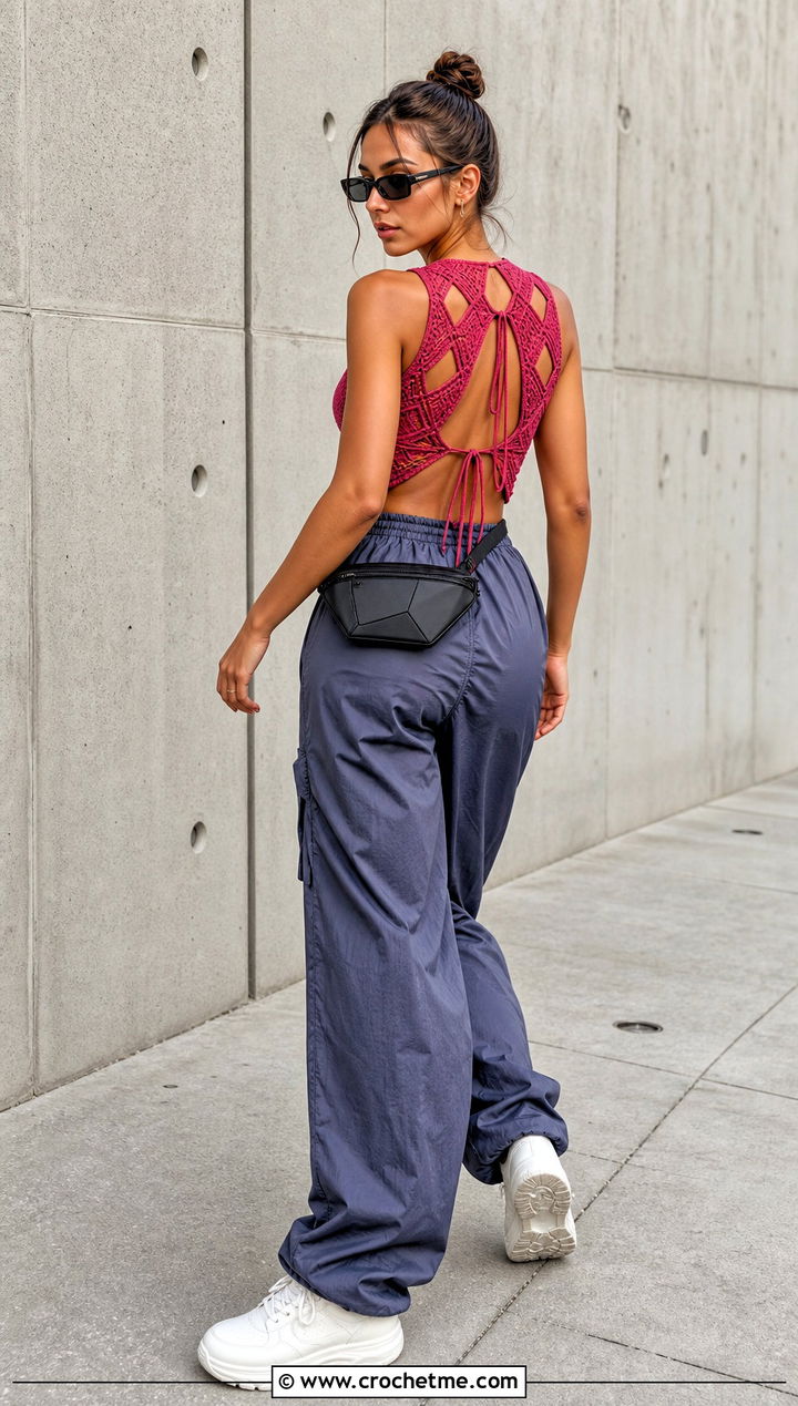 Geometric Backless Crochet Top With Parachute Pants - 30 Crochet Backless Top outfit ideas