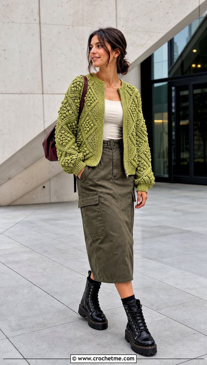 Geometric Bobble Cardigan With Utility Skirt - 25 Crochet Bobble Cardigan outfit ideas