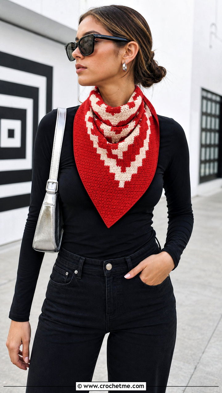 Geometric C C Bandana Scarf With Black Shirt And Jeans - 35 c2c crochet scarf outfit ideas