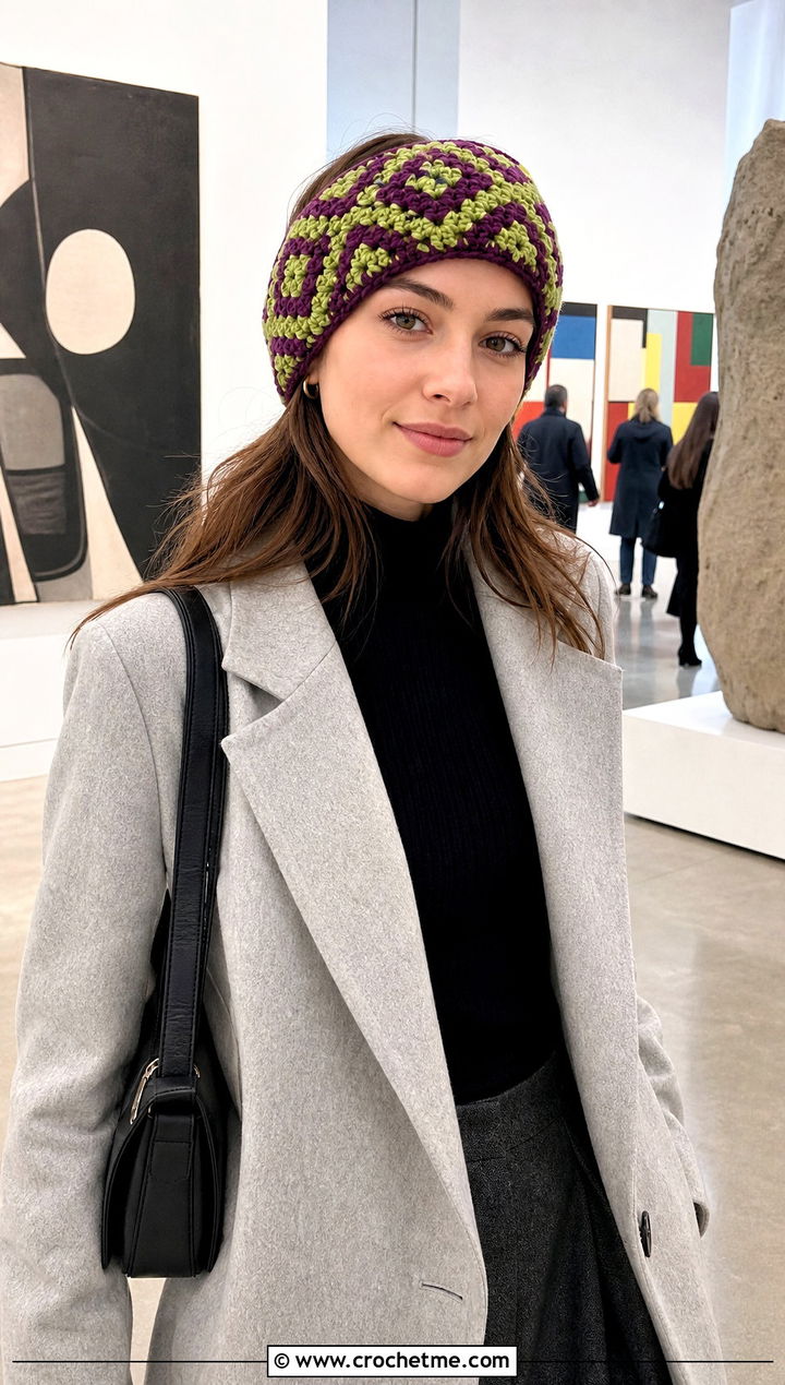 Geometric Chunky Crochet Ear Warmer With Minimalist Coat - 30 chunky crochet ear warmer outfit ideas
