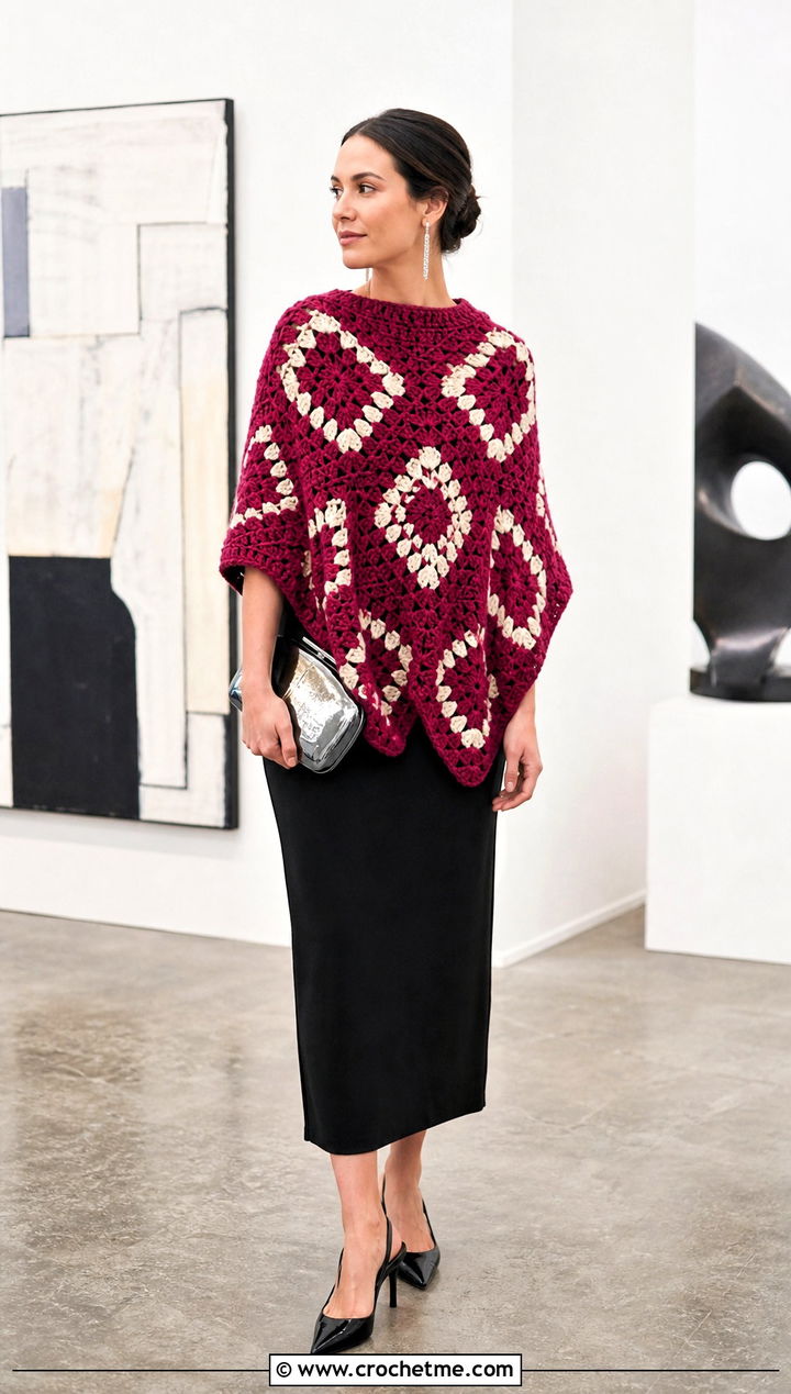 Geometric Chunky Crochet Poncho With Column Dress - 25 Chunky Crochet Poncho outfit ideas